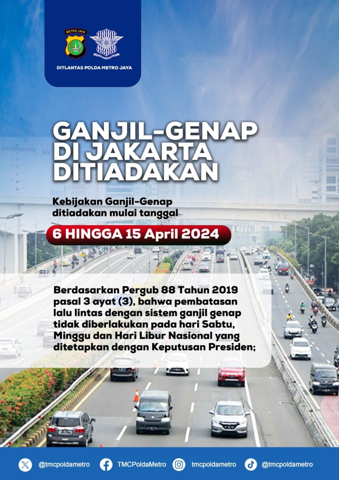Hingga 15 April 2024, Jakarta Bebas Ganjil Genap
