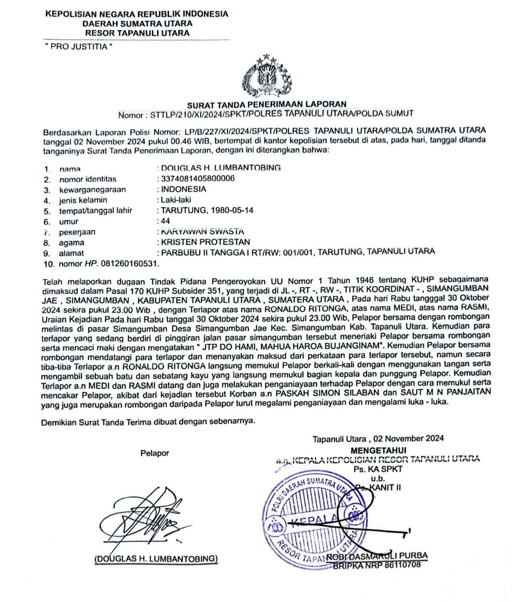 Satgas Cabup No 1 Taput Douglas Lumbantobing Laporkan Pengeroyokan Dirinya ke Polres Taput