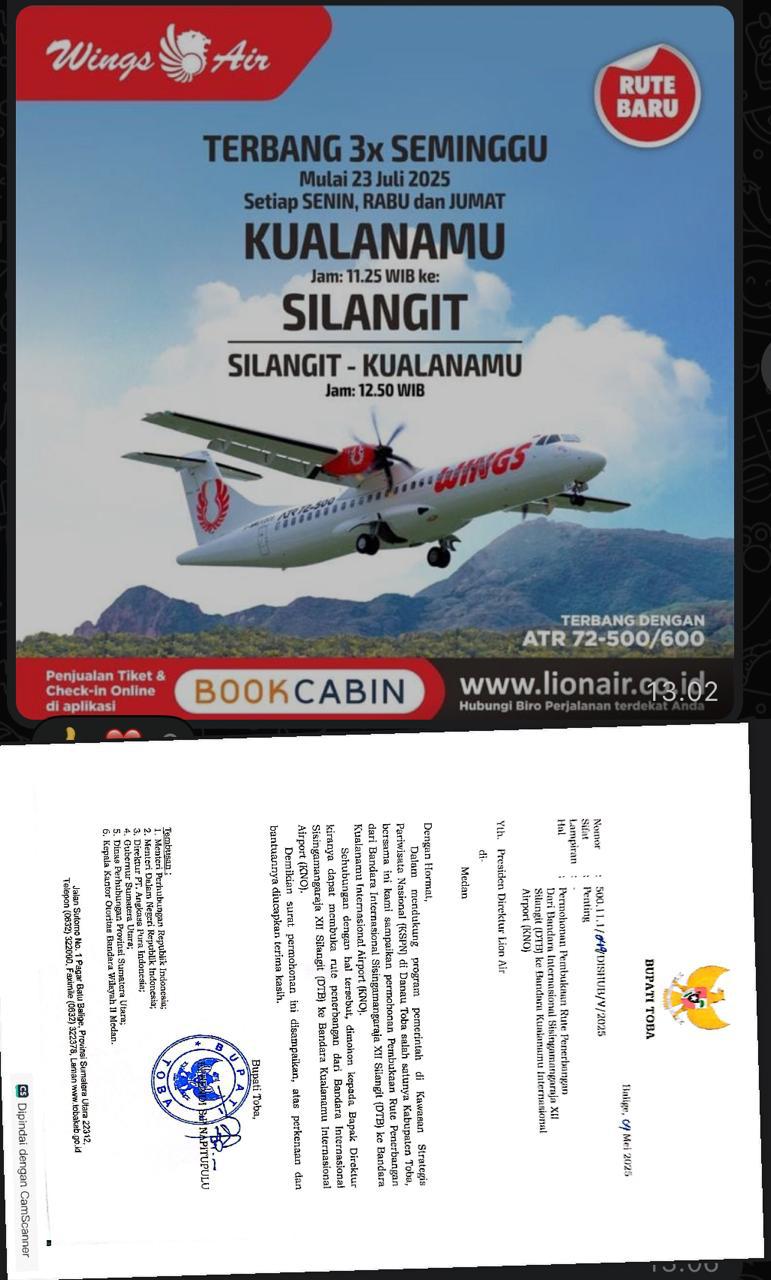 Wings Air Buka Rute Penerbangan Kualanamu–Silangit Mulai 23 Juli Atas Usulan Bupati Toba Effendi SP Napitupulu