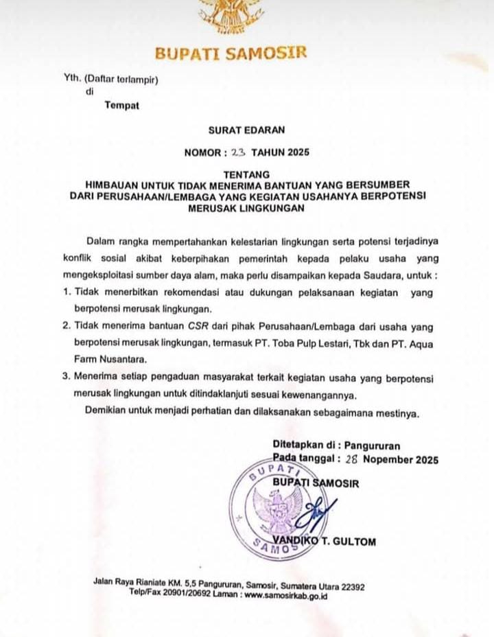 Bupati Samosir Terbitkan Surat Edaran Penolakan CSR PT TPL dan PT Aqua Farm