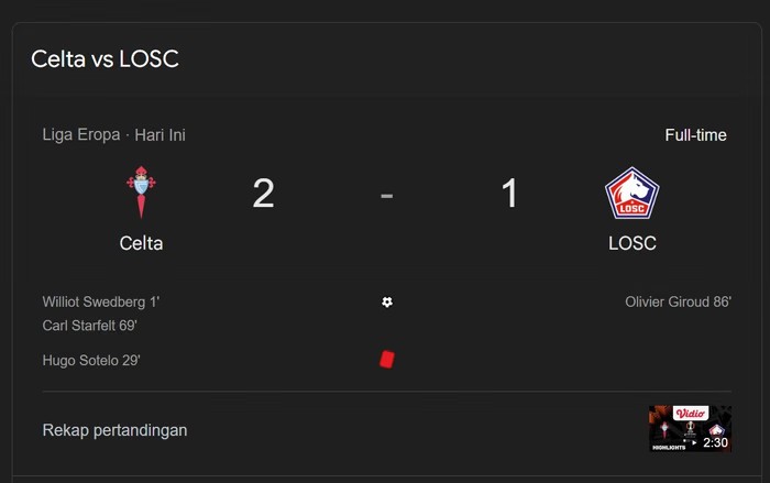 Celta Vigo Kalahkan Lille 2-1 Meski Bermain dengan 10 Orang