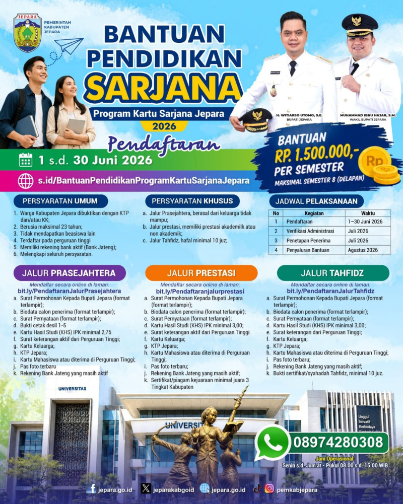 Pemkab Jepara Buka Program Kartu Sarjana 2026, Mahasiswa Bisa Dapat Bantuan Kuliah hingga Semester Delapan