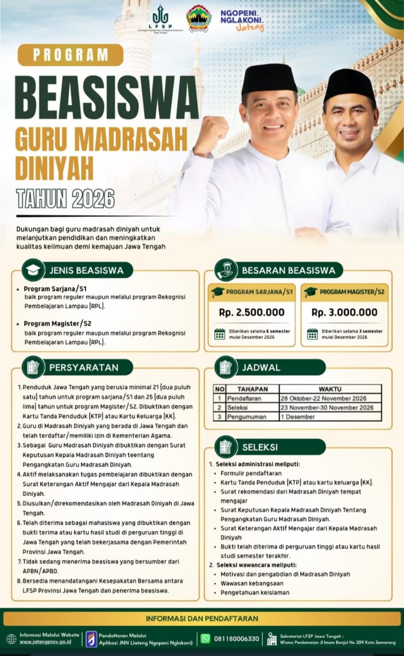 Pemprov Jateng Buka Beasiswa S1 dan S2 untuk Guru Madrasah Diniyah