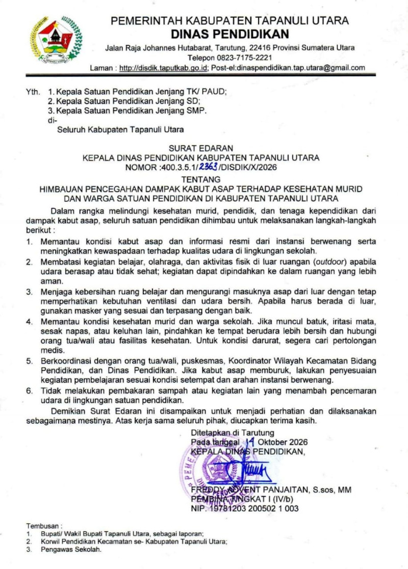 Cegah Dampak Kabut Asap, Kadis Pendidikan Taput Imbau Sekolah Batasi Aktivitas di Luar Ruangan